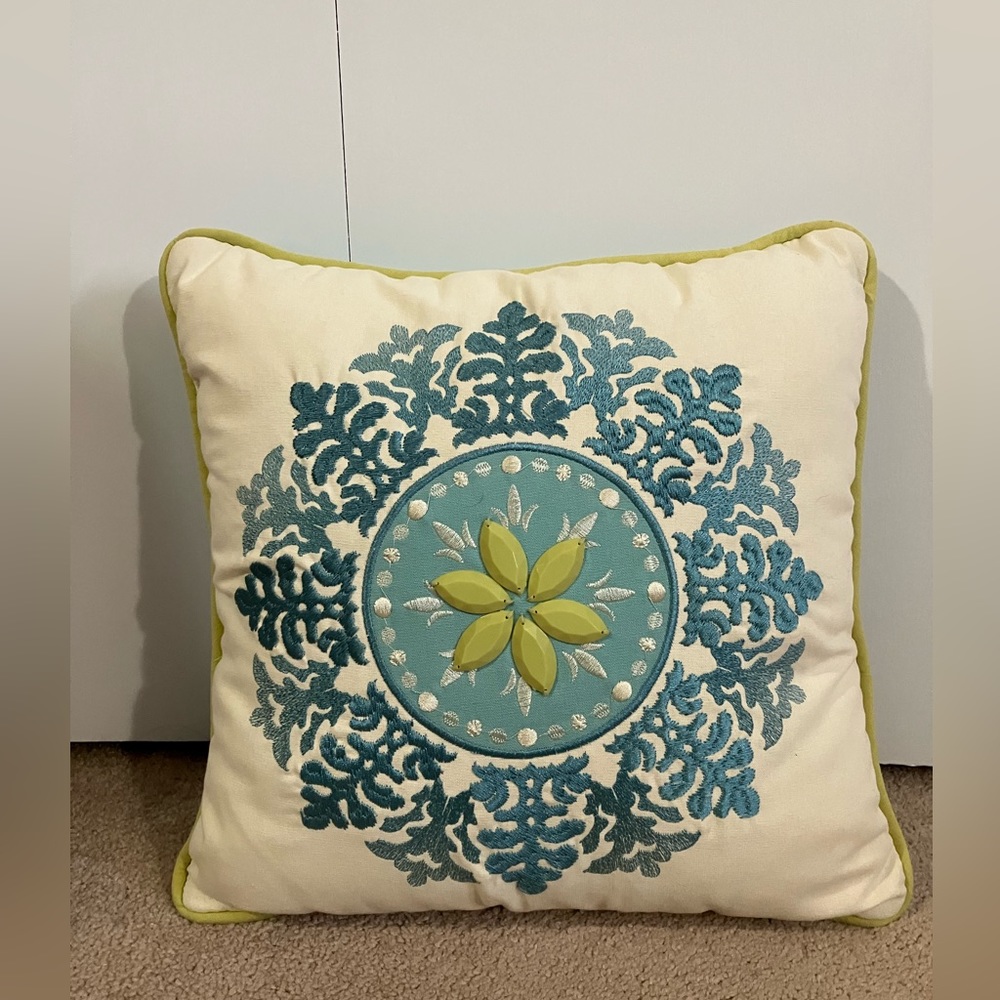 Boho throw pillow. Cream, turquoise & green. 15x15